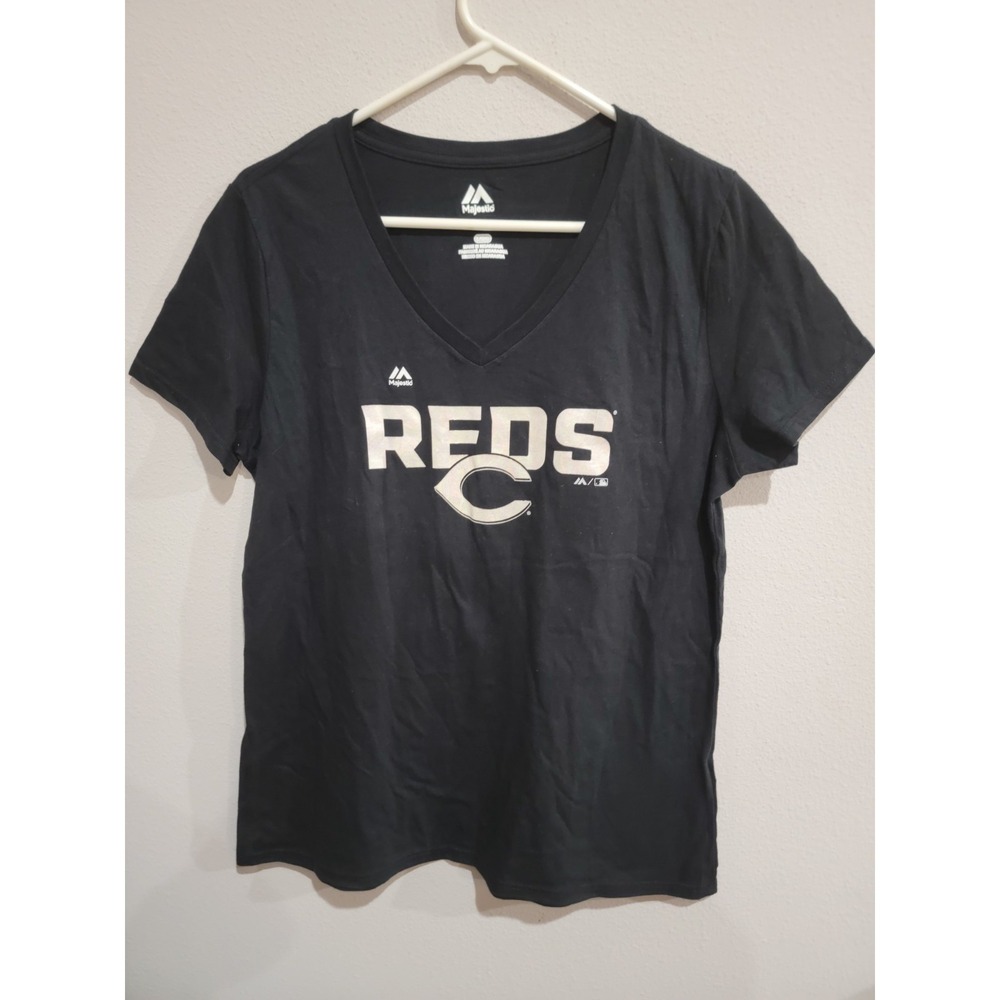 Cincinnati Reds women's black V-Neck Short Sleeve shirt Majestic Sz.‎ L NWOT